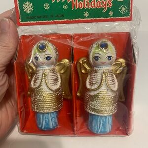 Set of 2 MCM  Blue Vintage Angle Christmas Tree Ornament  HandCrafted Japan NOS.